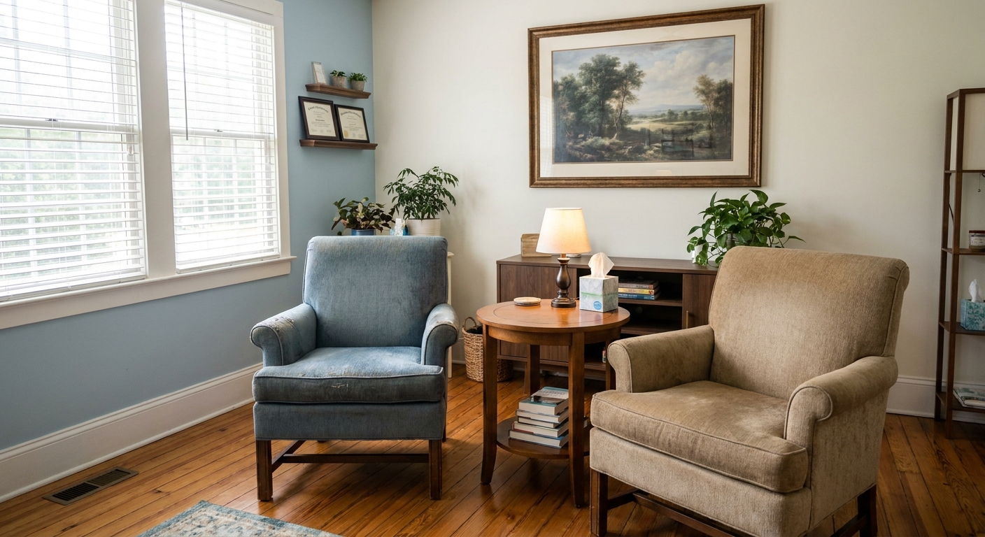Two empty chairs in a naturally-lit counseling room at Carolina Energetics in Salisbury, NC, positioned for a one-on-one integrated care appointment