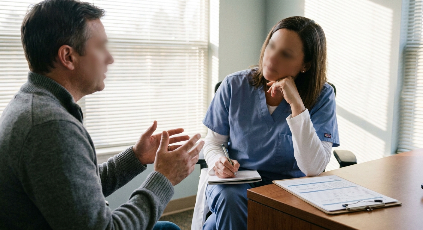 Healthcare provider listening attentively to patient during intake consultation in Salisbury medical office