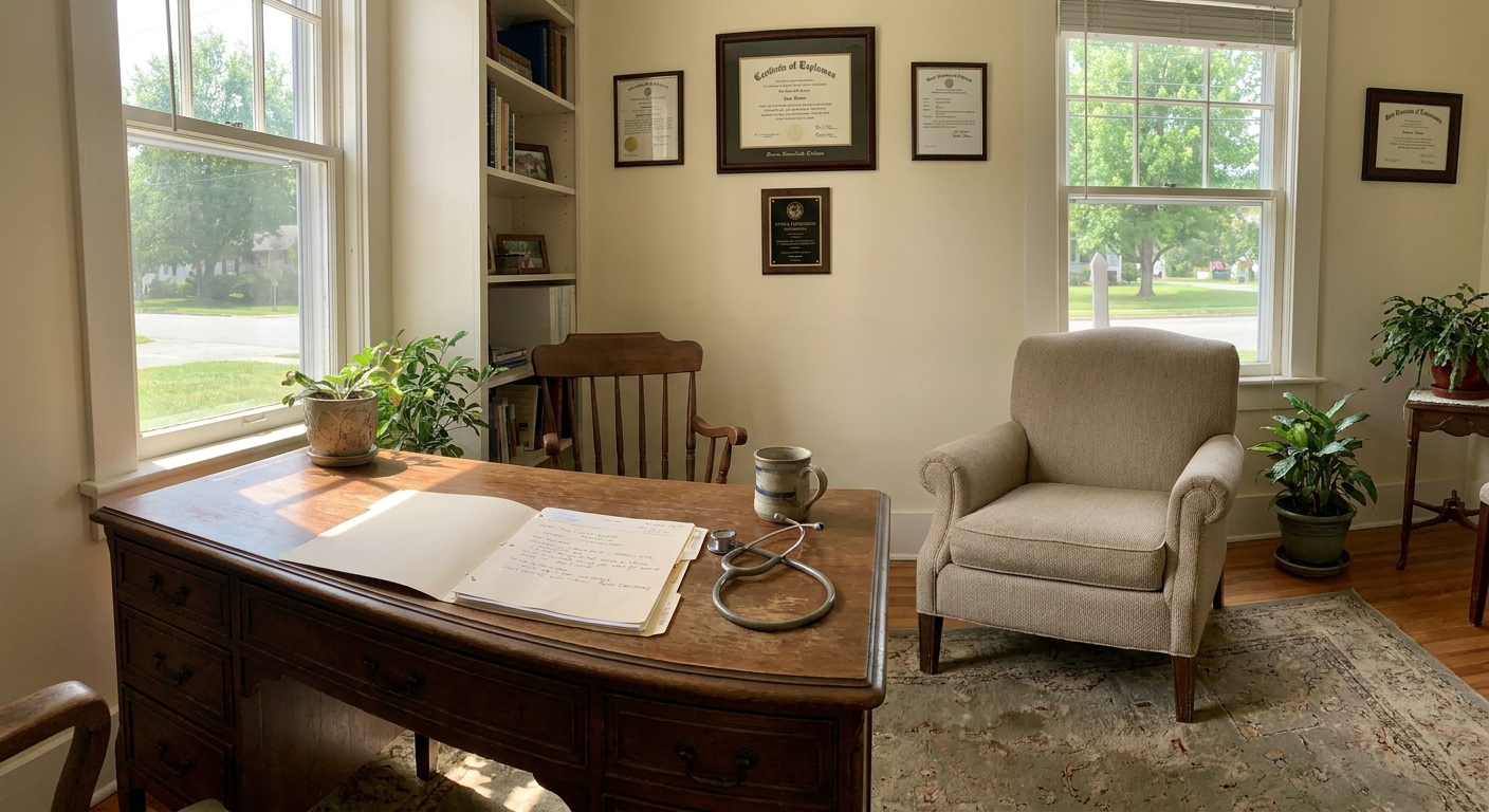 Medical consultation room at Carolina Energetics in Salisbury NC showing doctor's desk, patient chair, and credentialed medical licenses on wall